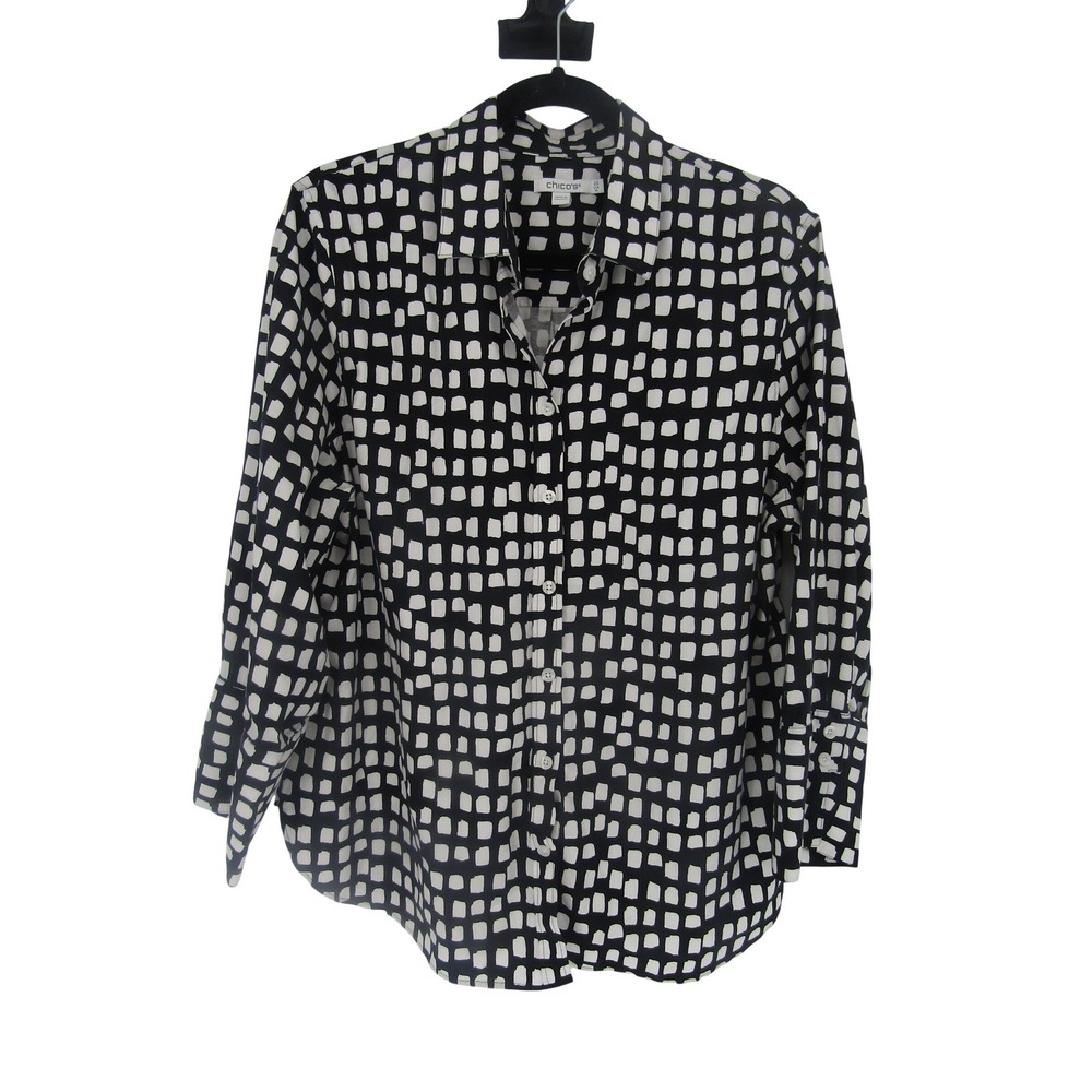 Chico's Shirt 14 Black White Geometric Retro Office Career Modern Professional‎